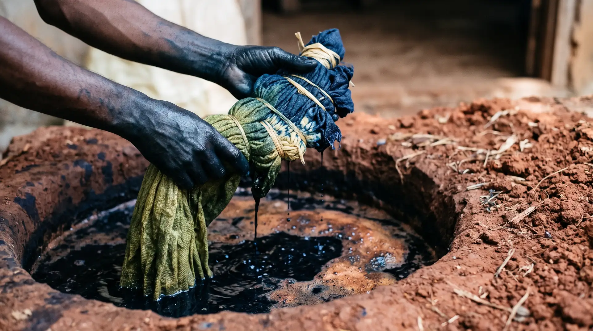 Hands lifting dripping cloth out of an indigo dye pit, green turning to blue.