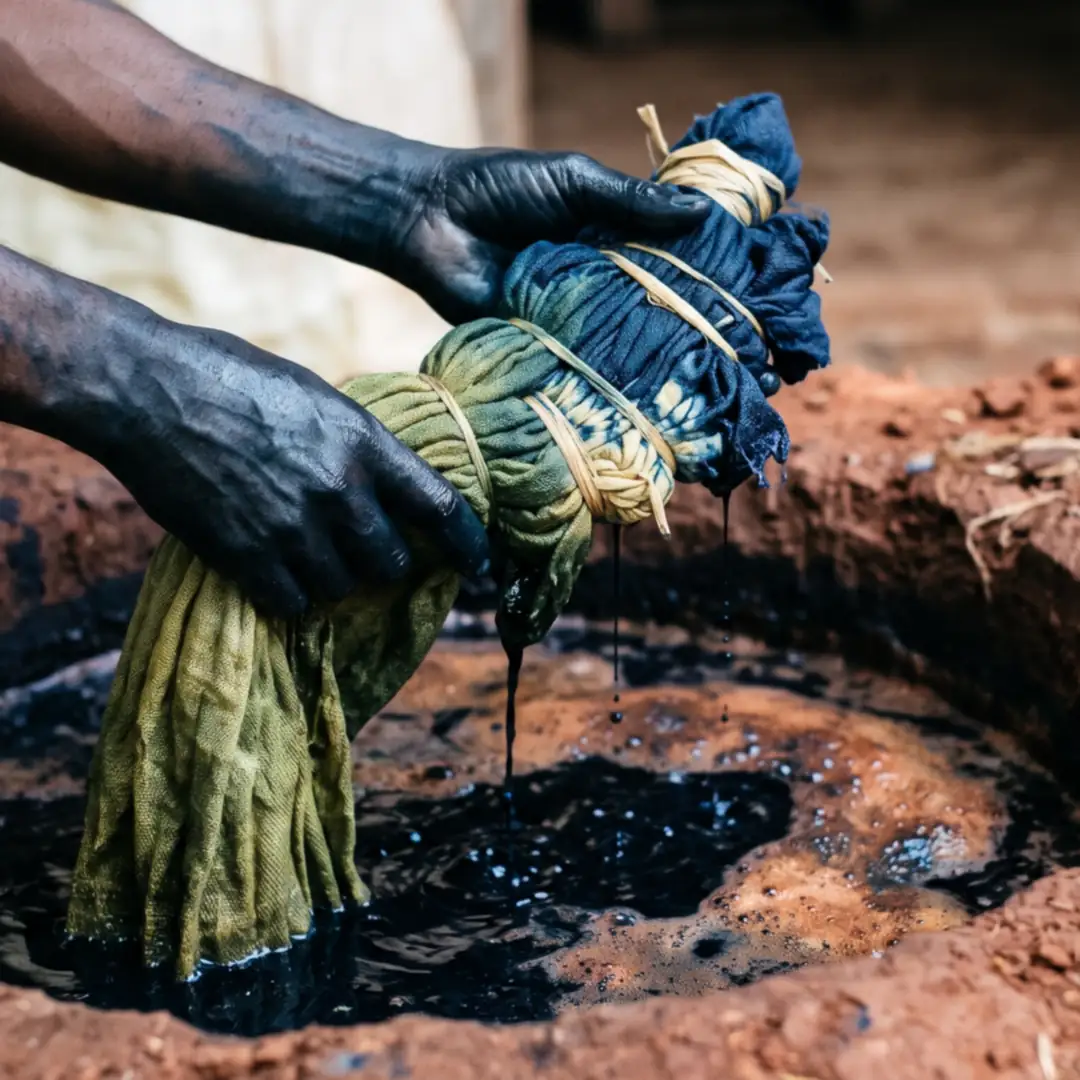 Hands lifting a bundle of raffia-tied cloth out of an indigo pit dug in red earth, the cloth still green where it has just left the dye.