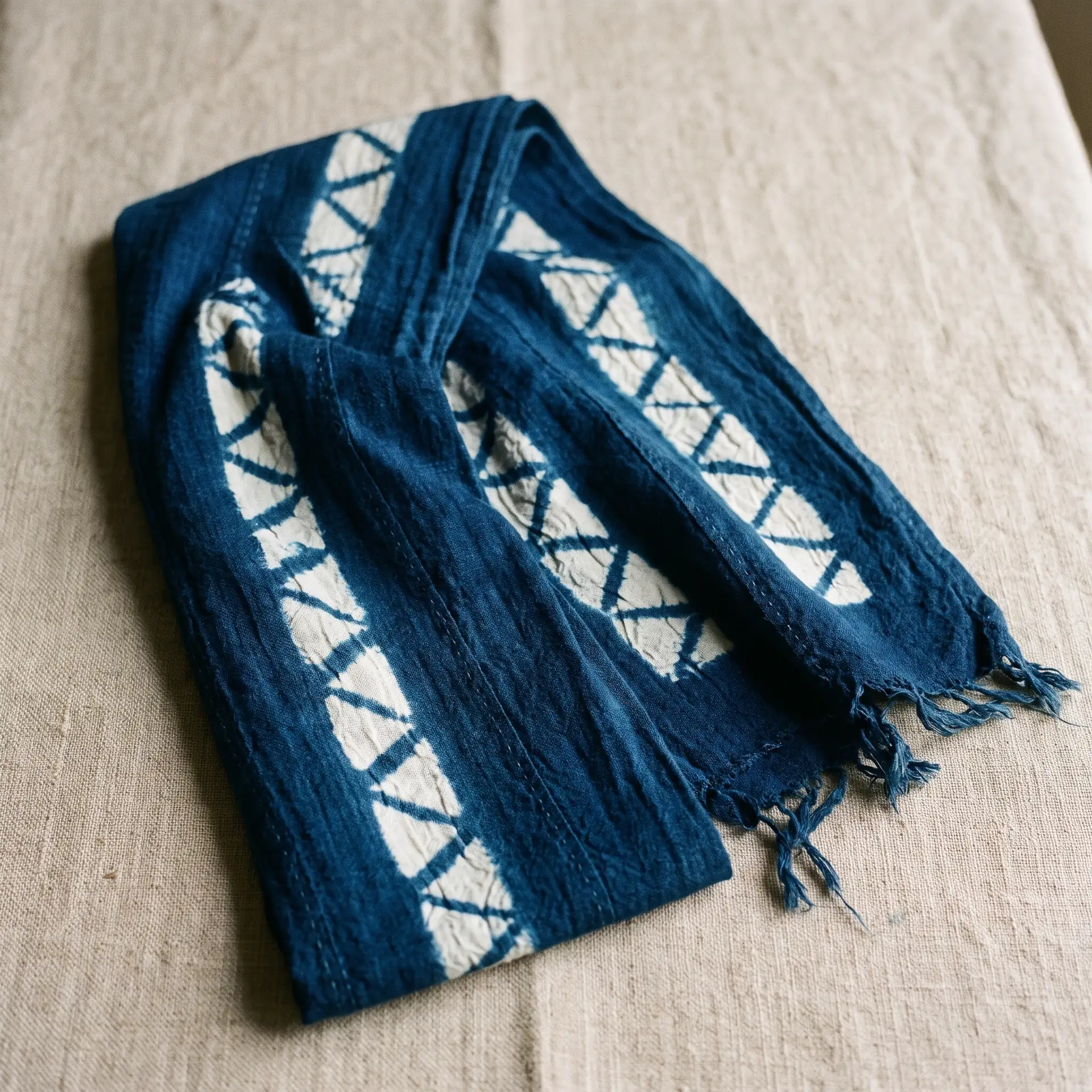 A long indigo scarf with white bands of lozenges down its length, folded on linen.