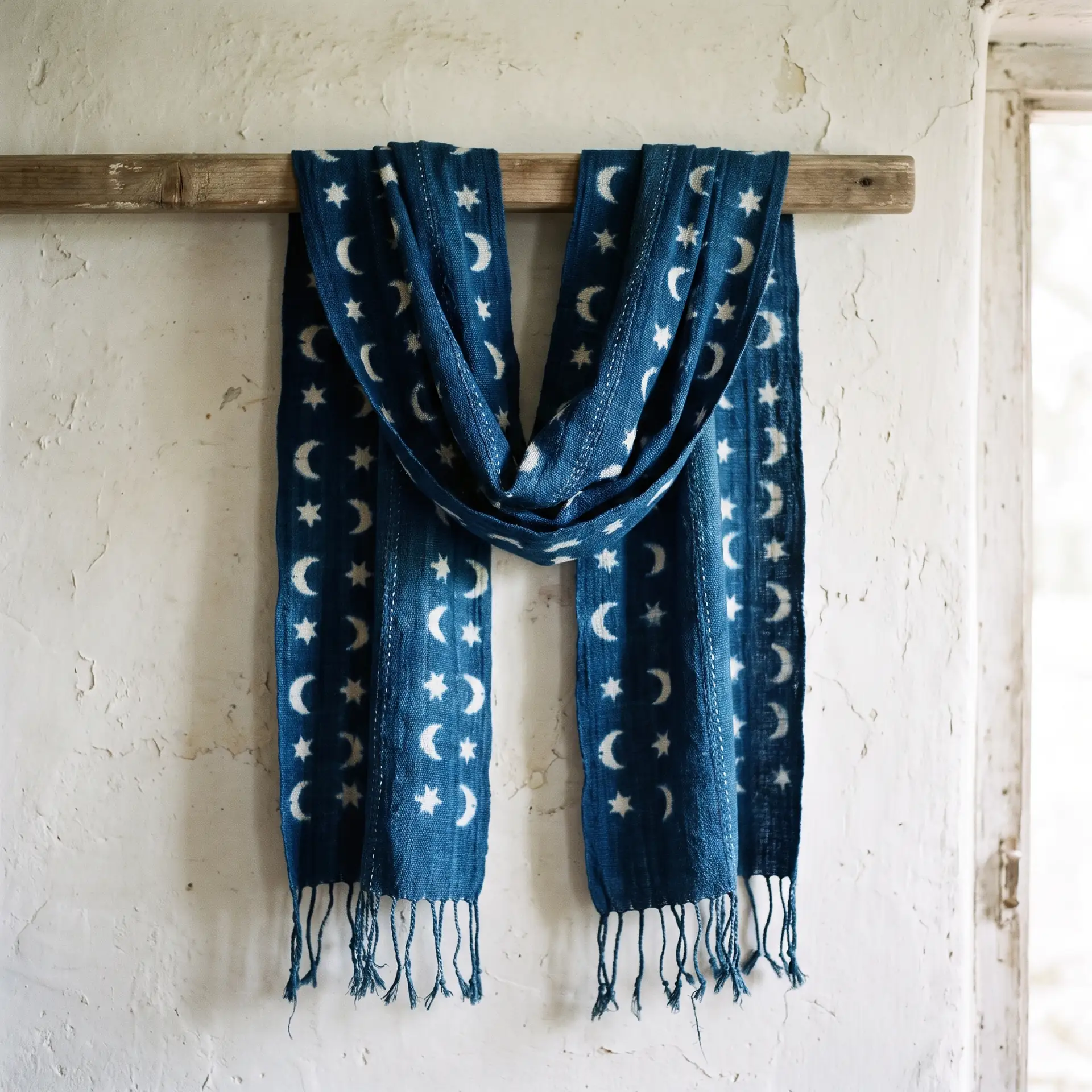 An indigo scarf with small white moons and stars, draped over a wooden rail.