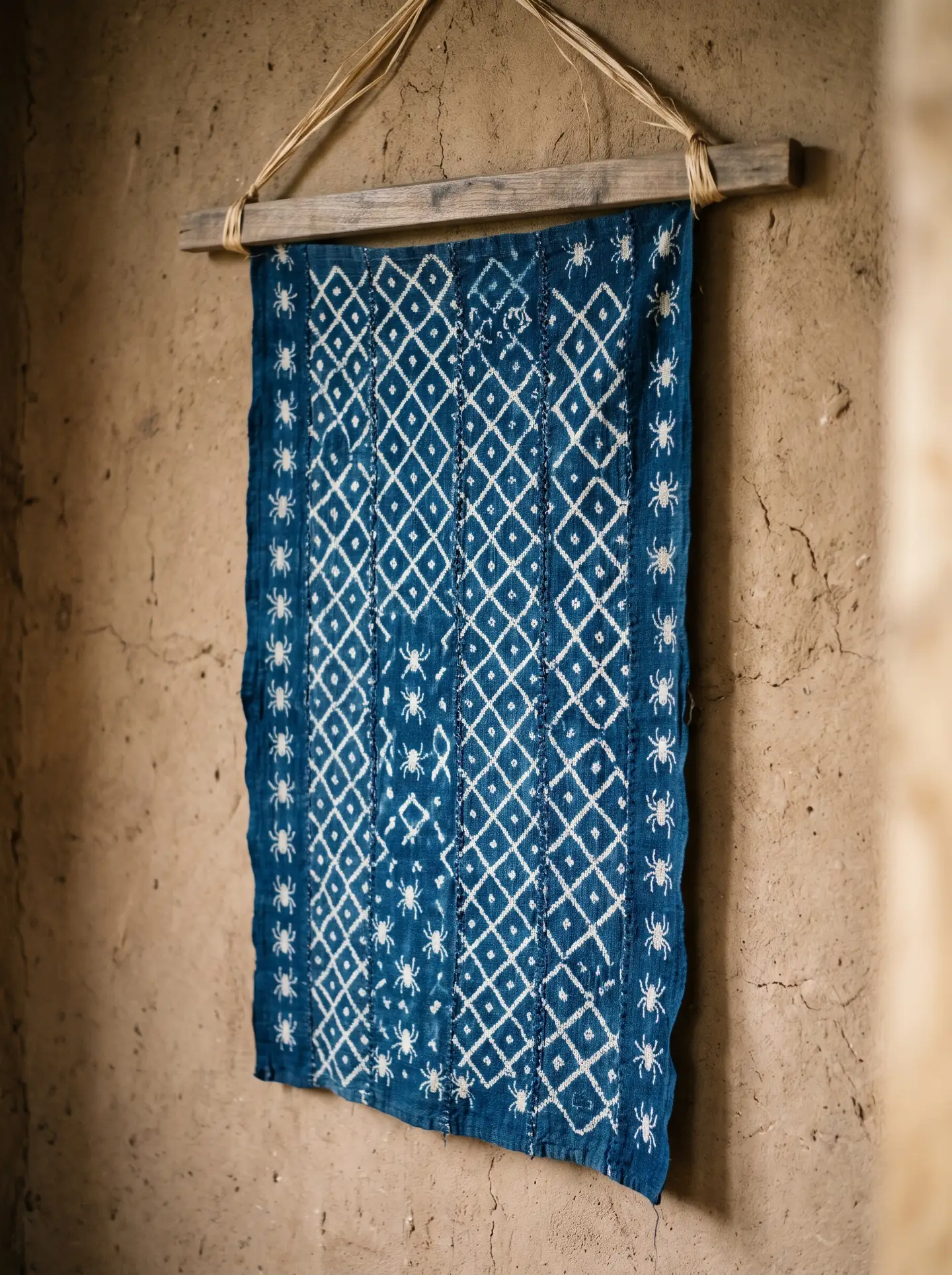 An indigo wall piece with a dense grid of white diamonds and a border of small tarantulas, hung from a wooden bar on a mud wall.