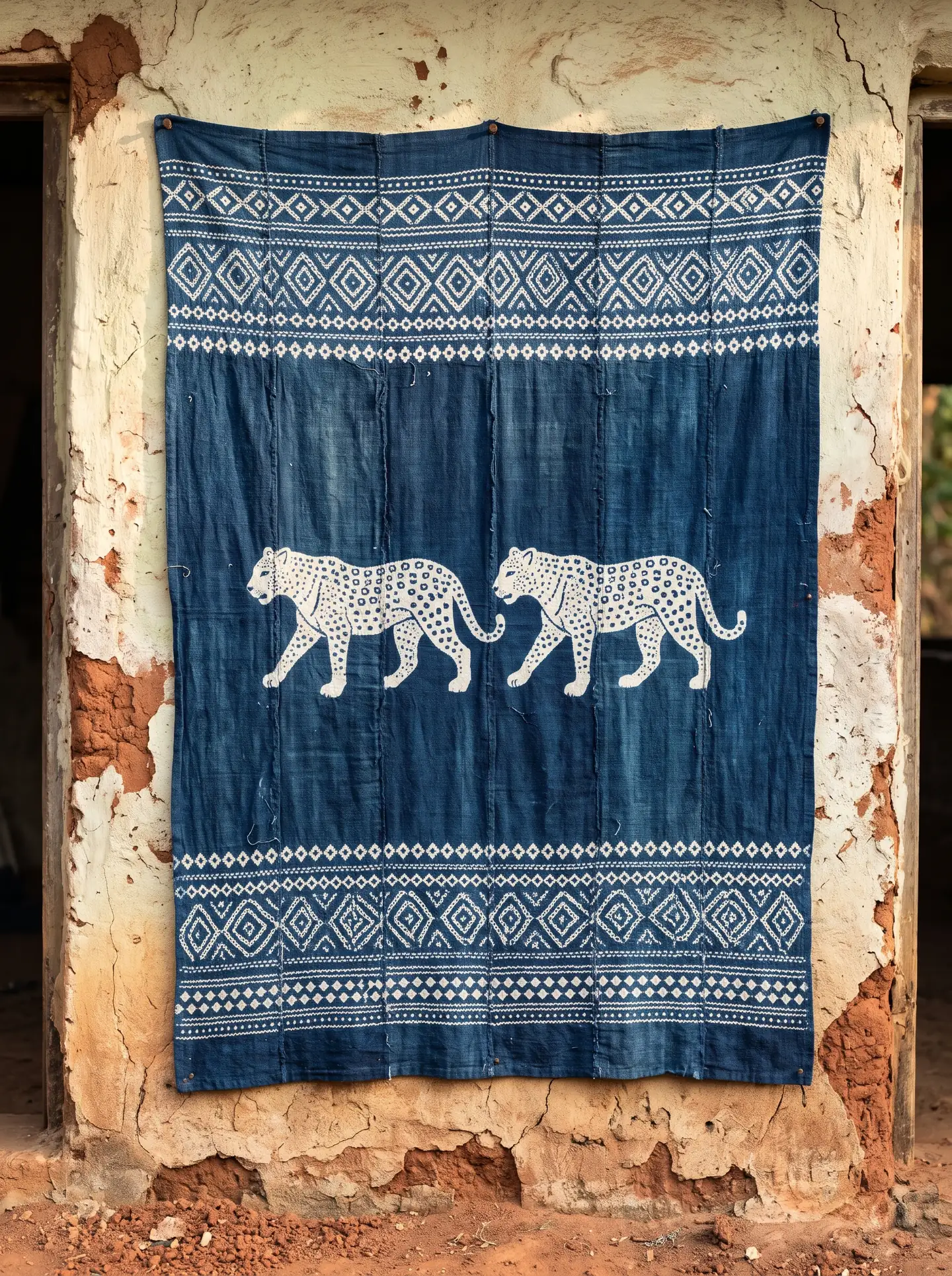 A large indigo wall hanging with two white leopards walking in profile, framed by lozenges.