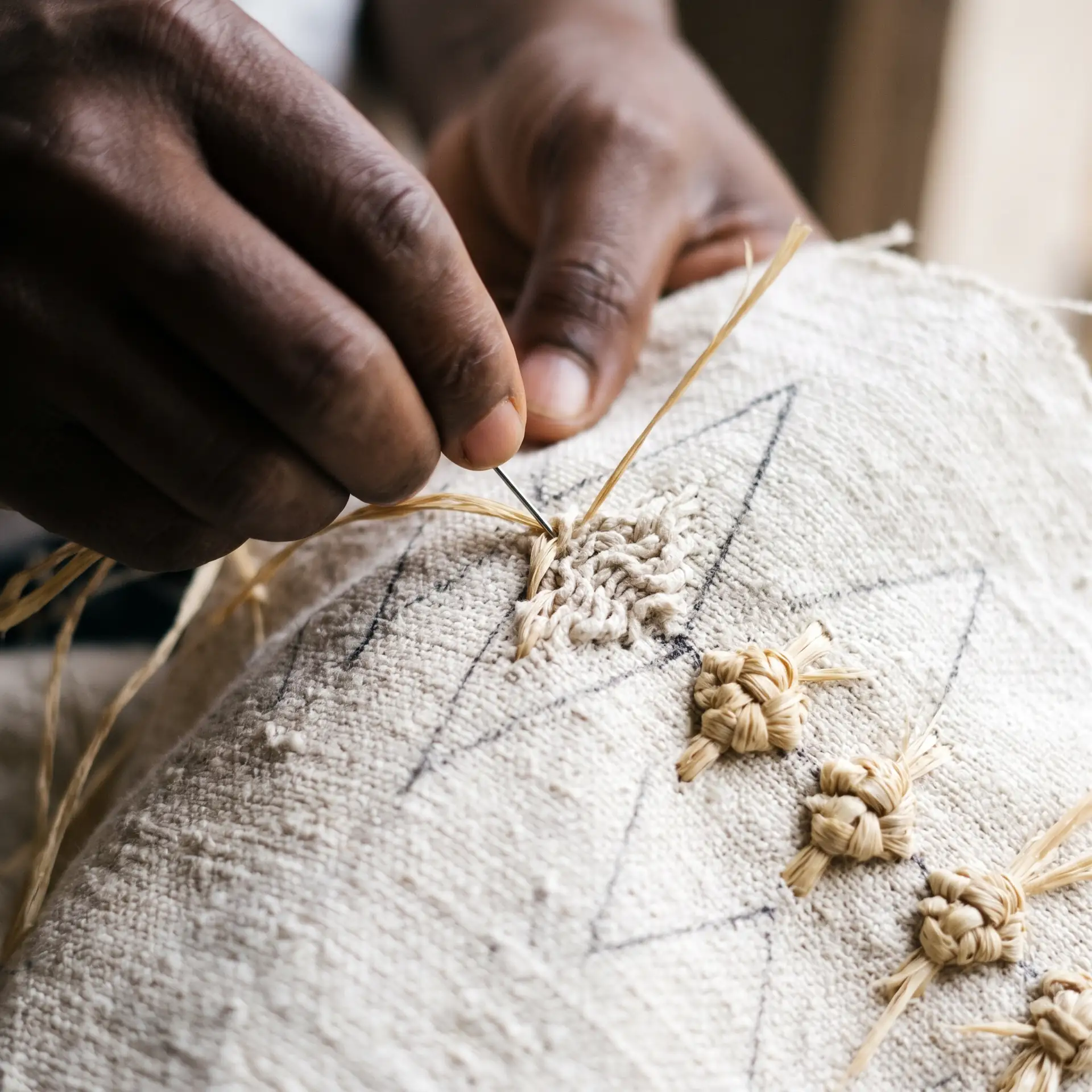 Hands stitching raffia around a lozenge drawn on white cotton, the cloth gathered into tight puckers.