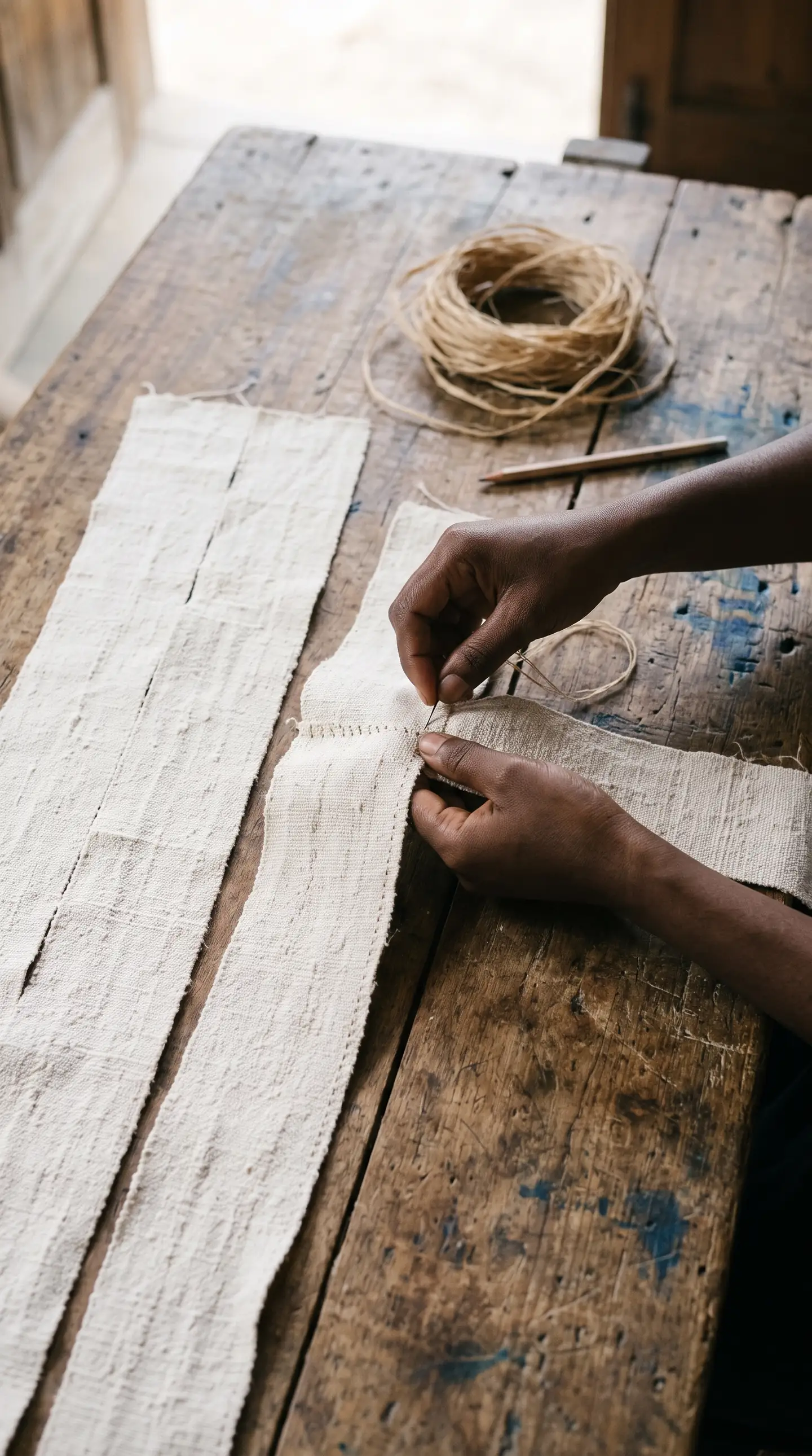 Hands sewing long, narrow strips of white cotton together on a wooden table, beside a coil of raffia.