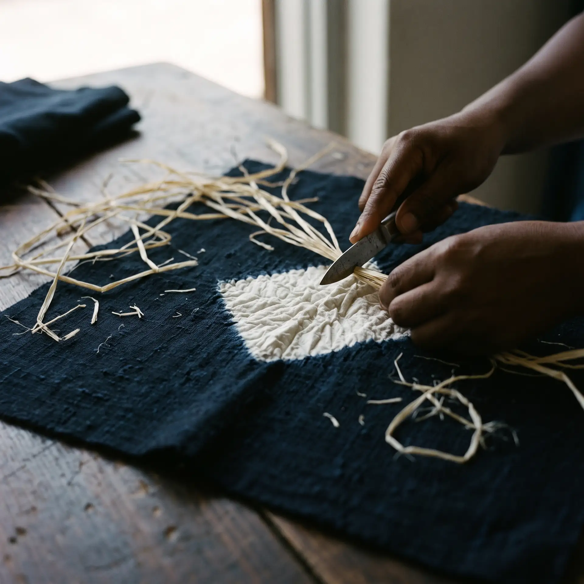 Hands cutting raffia stitches from indigo cloth with a small knife, revealing the white shape they kept from the dye.