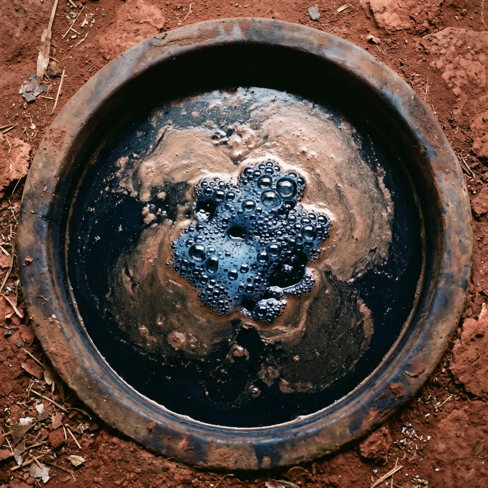 An indigo vat seen from above: a round clay pot of dark dye with a copper sheen and a crown of foam, set in red earth.
