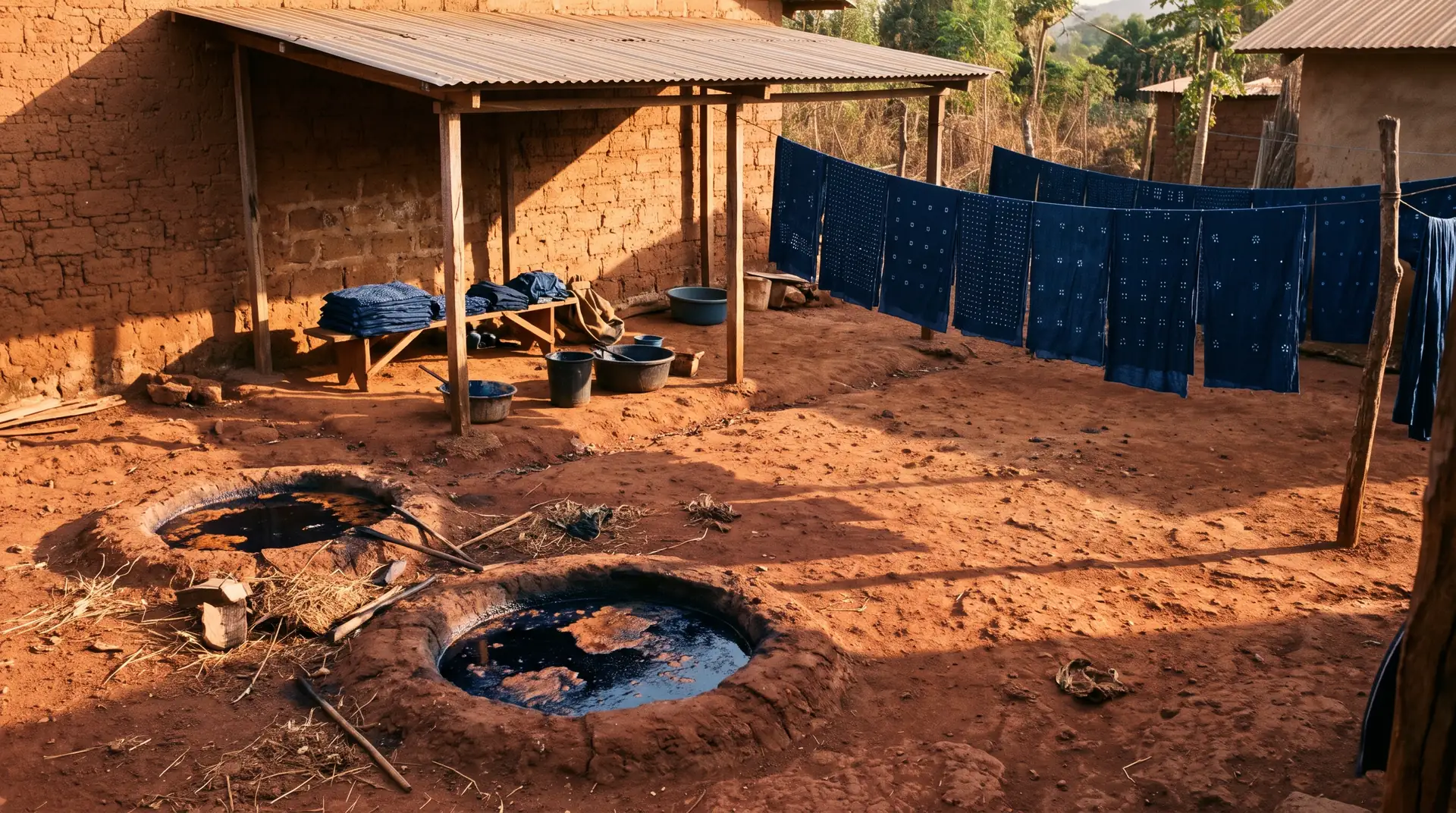 A workshop courtyard of red earth, with indigo cloth drying on lines and two dye pits in the ground.